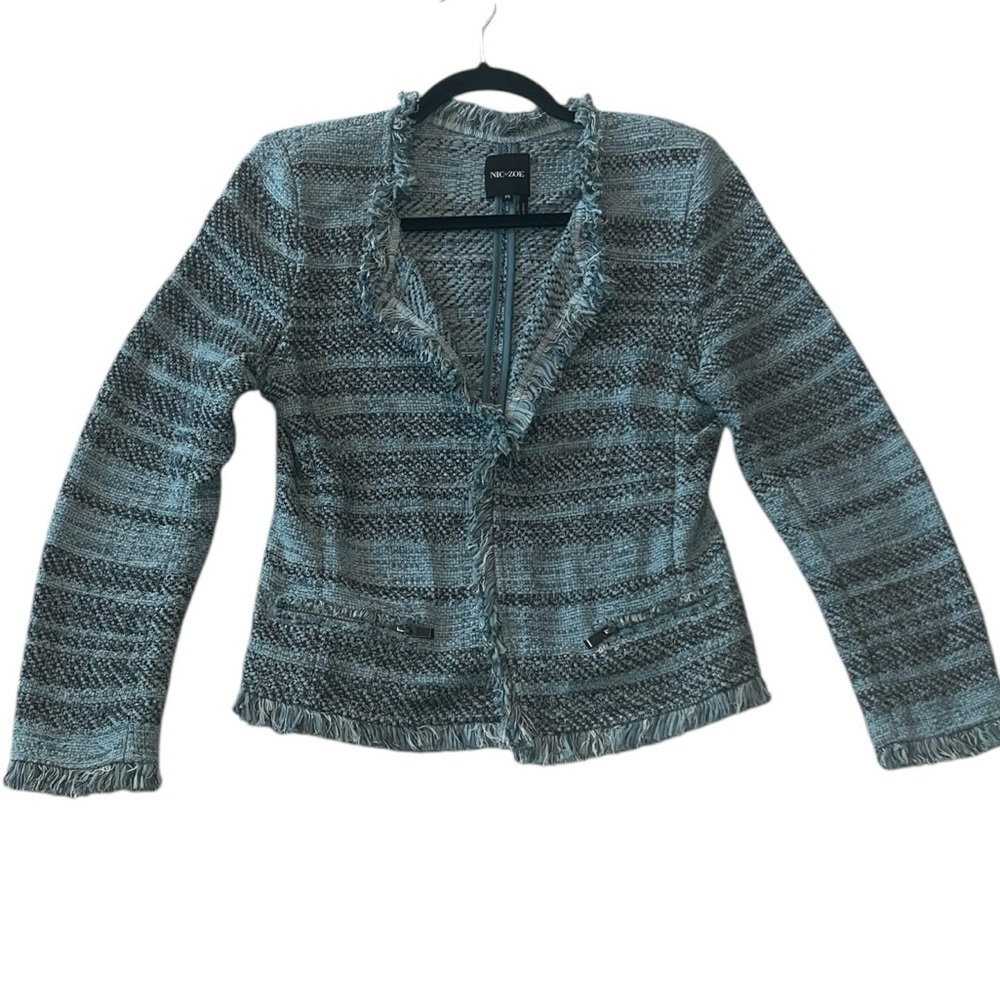 Nic + Zoe Tweed Striped Cotton Open Front Blazer Coat Jacket Blue Small - Picture 3 of 9
